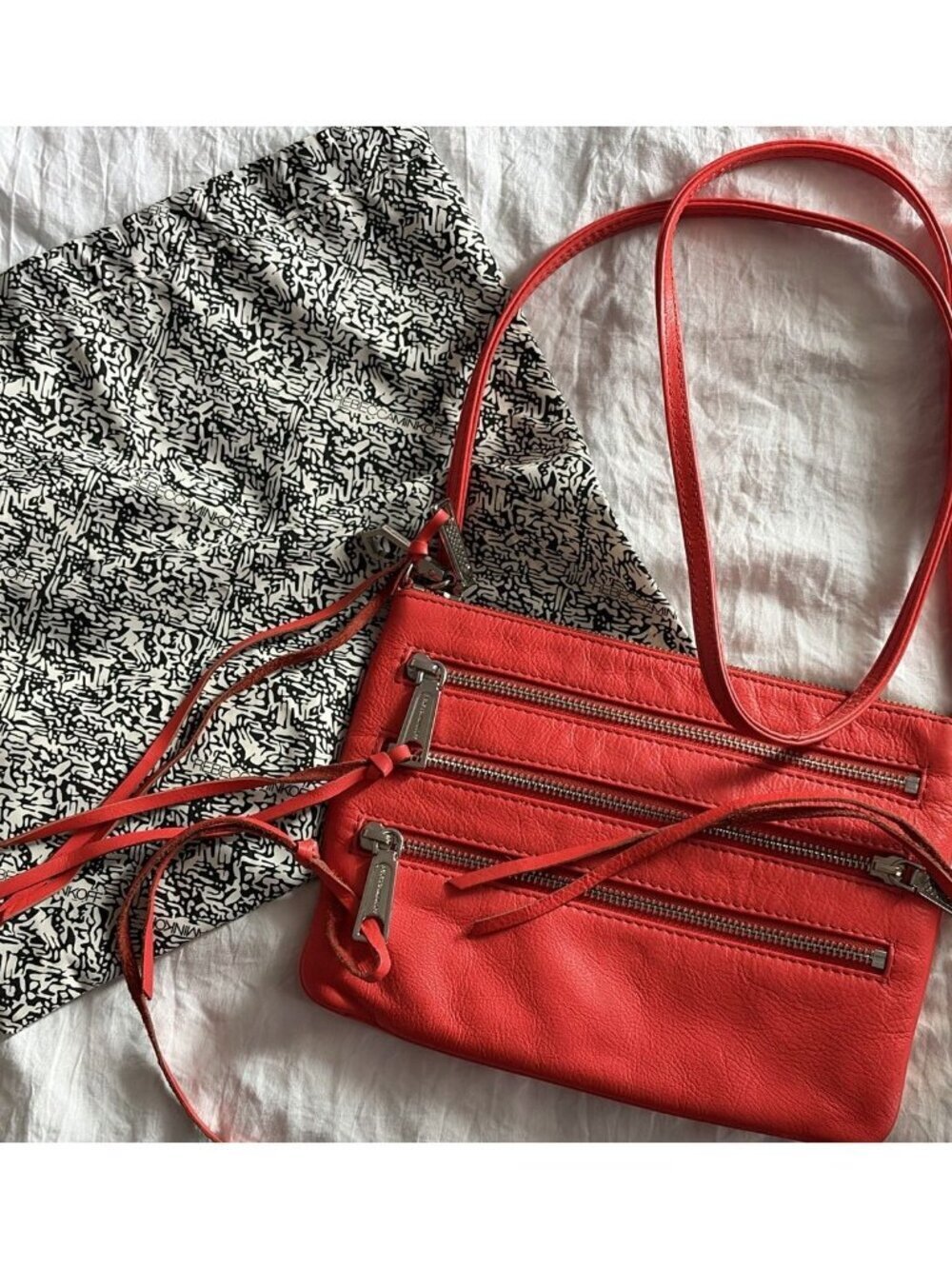 Rebecca Minkoff Leather Crossbody Purse Three Zip Rocker Hot Red & Dust Bag